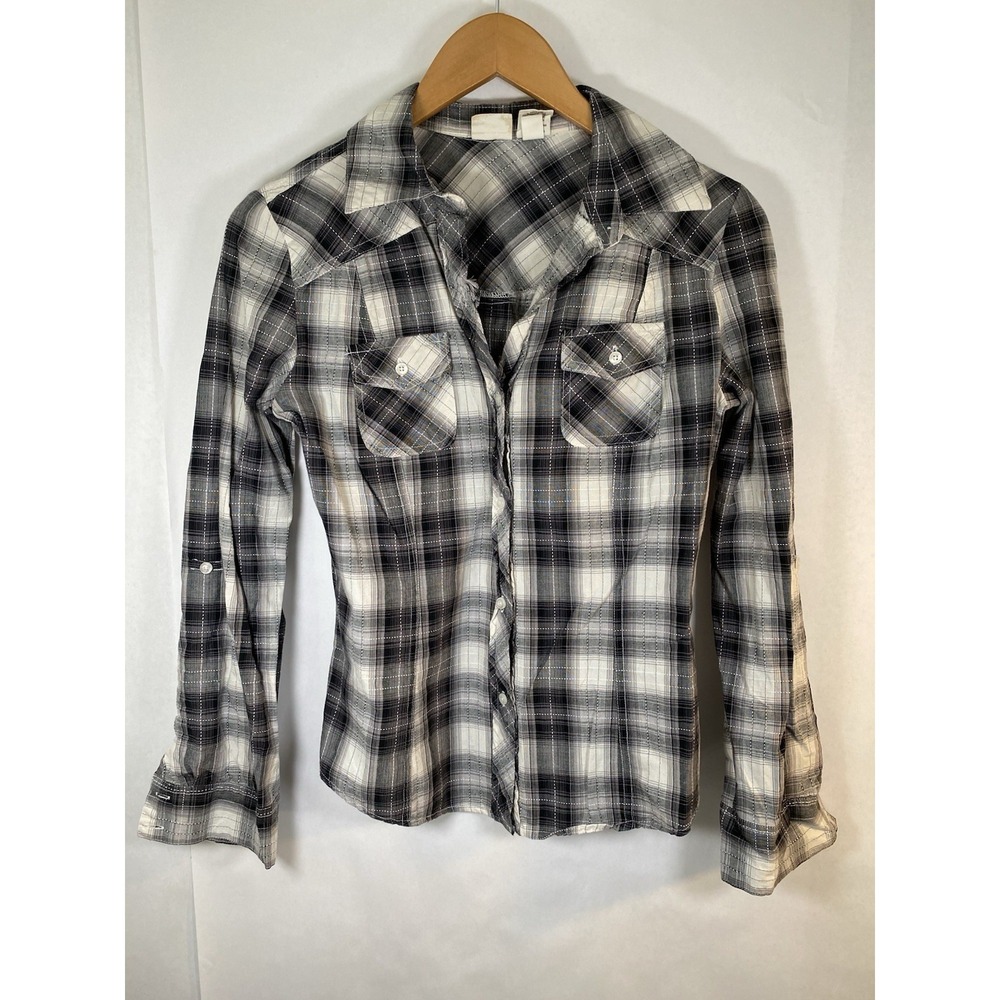 Grunge Y2K Plaid Long Sleeve Women's Button Up Shirt Size Medium Black White